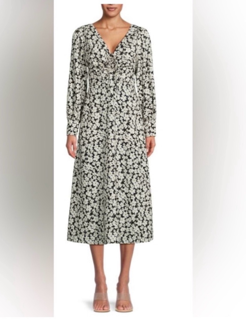 Rebecca Taylor "Paige Fleur" Drawstring Long-Sleeve Midi Dress